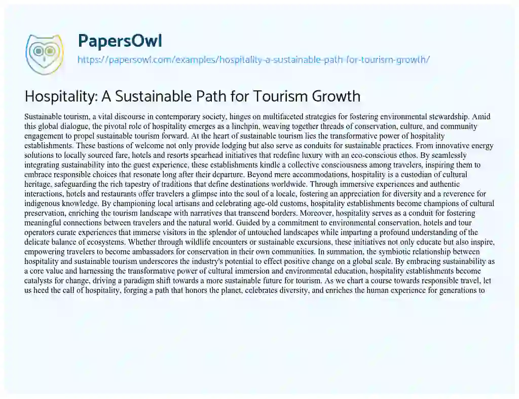 Essay on Hospitality: a Sustainable Path for Tourism Growth