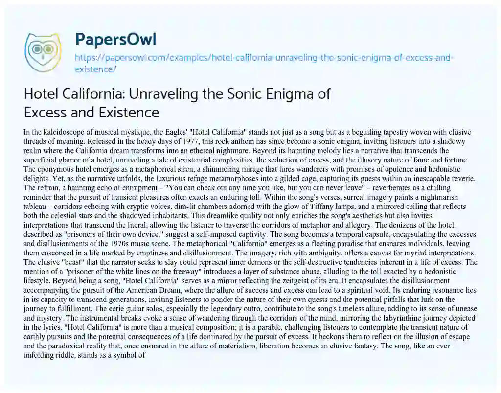 Essay on Hotel California: Unraveling the Sonic Enigma of Excess and Existence