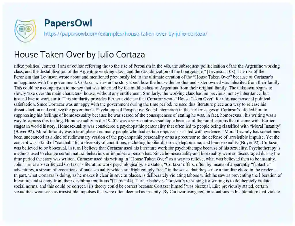 Essay on House Taken over by Julio Cortaza
