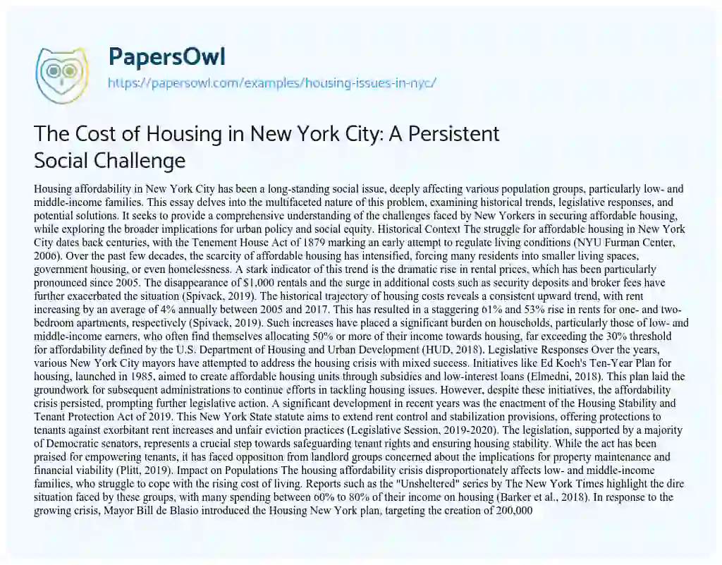 Essay on Housing Issues in NYC