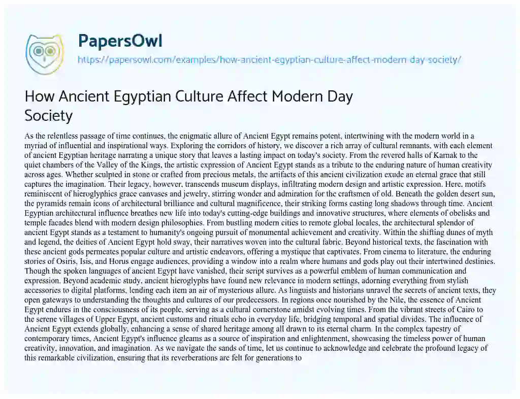 Essay on How Ancient Egyptian Culture Affect Modern Day Society