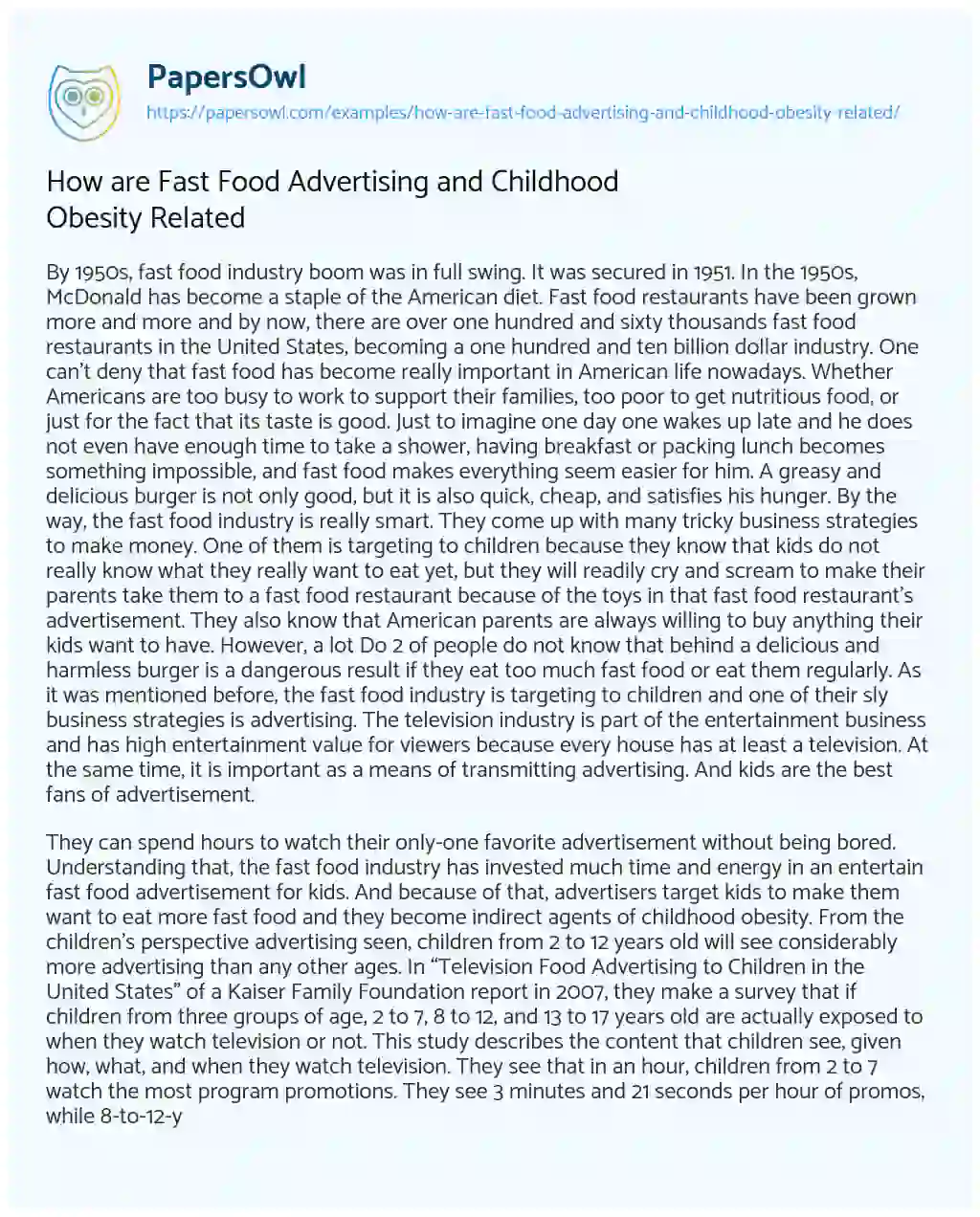 Essay on How are Fast Food Advertising and Childhood Obesity Related