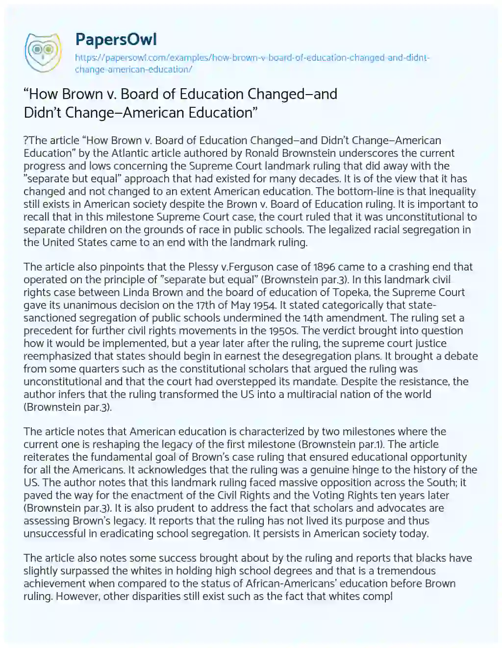 Essay on “How Brown V. Board of Education Changed—and didn’t Change—American Education”
