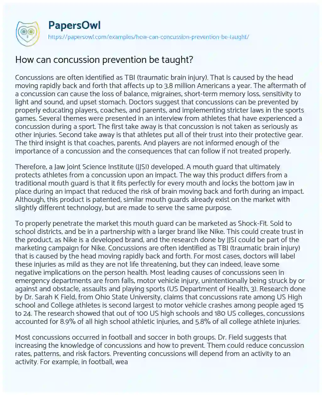 Essay on How Can Concussion Prevention be Taught?
