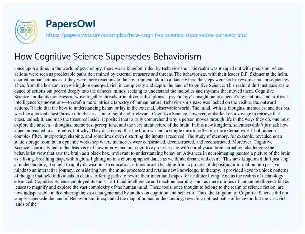 Essay on How Cognitive Science Supersedes Behaviorism