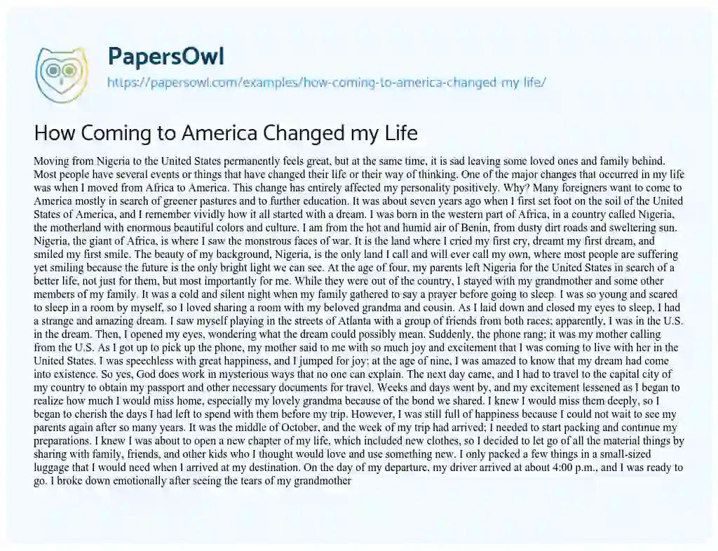 Essay on How Coming to America Changed my Life