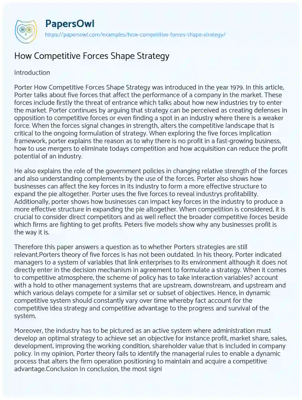 How Competitive Forces Shape Strategy essay