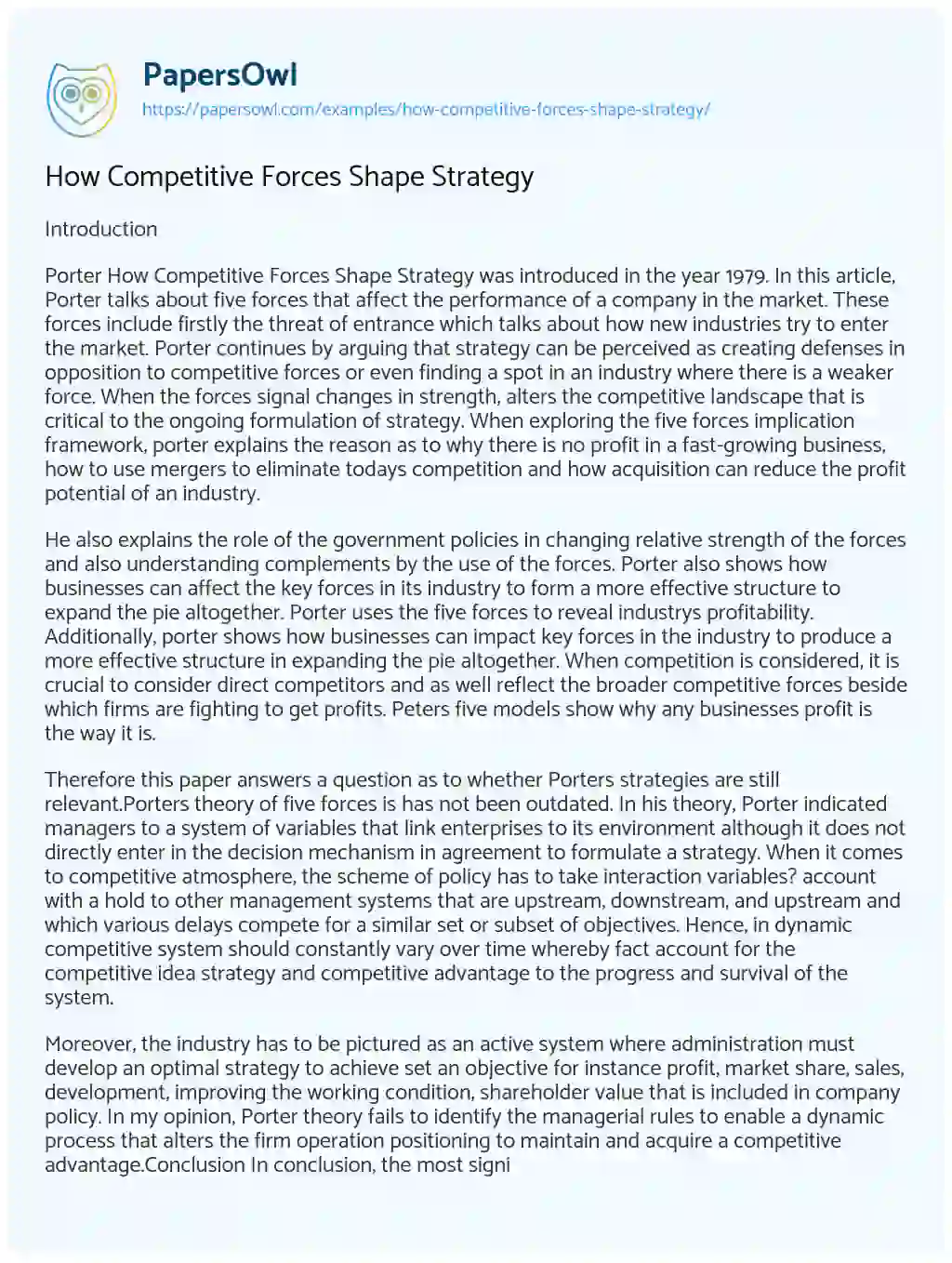 Essay on How Competitive Forces Shape Strategy