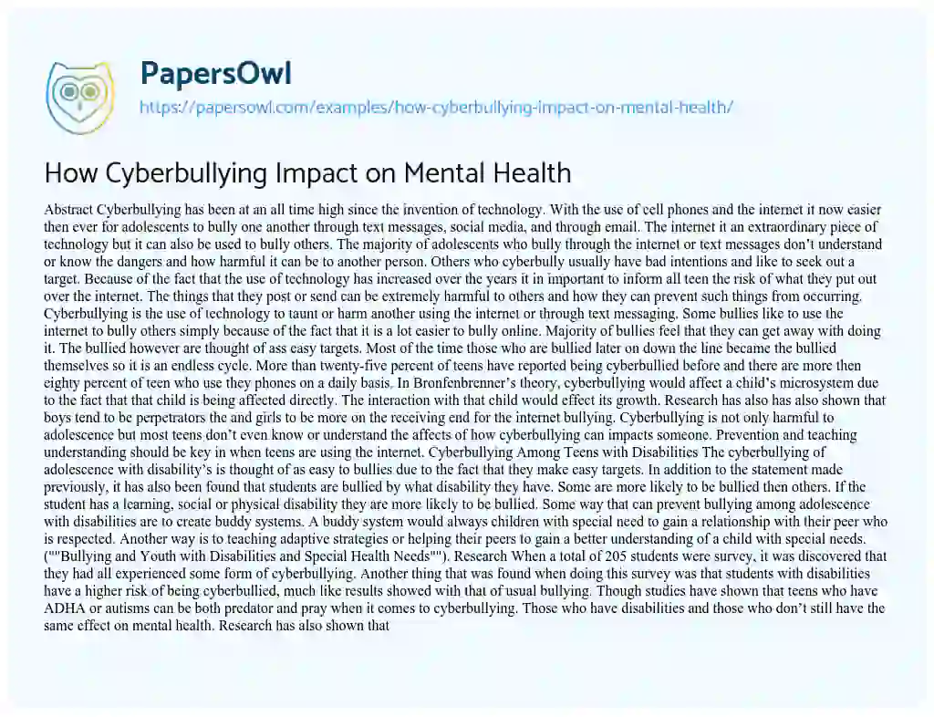 Essay on How Cyberbullying Impact on Mental Health