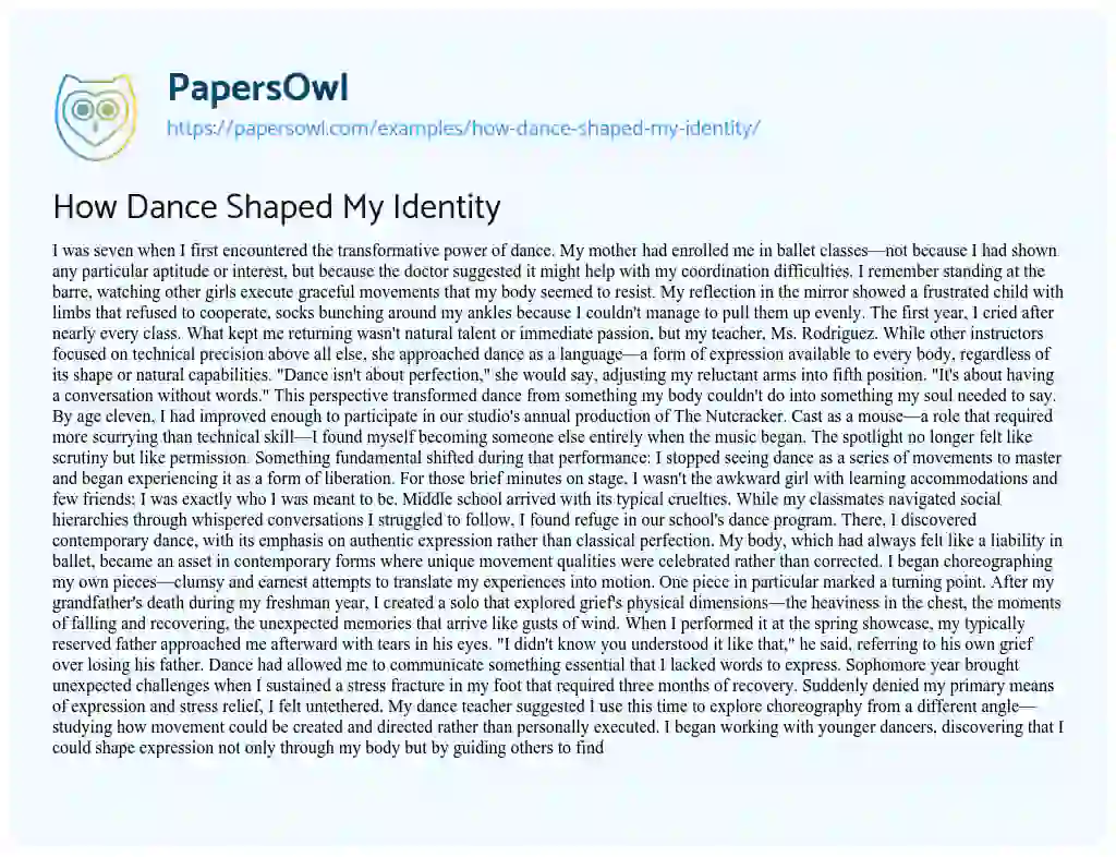 Essay on How Dance Shaped My Identity