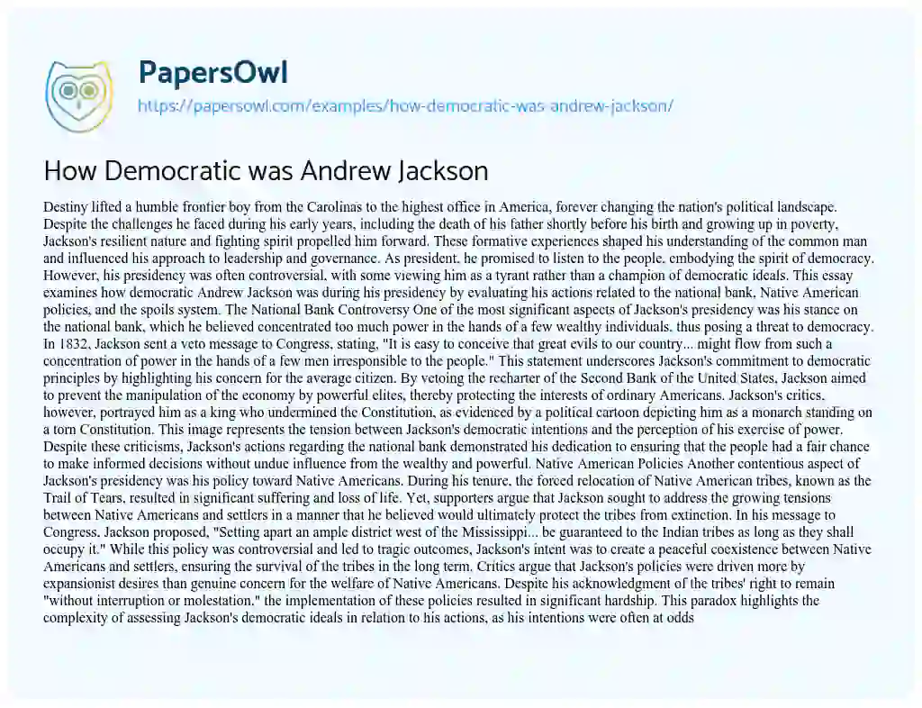 Essay on How Democratic was Andrew Jackson?