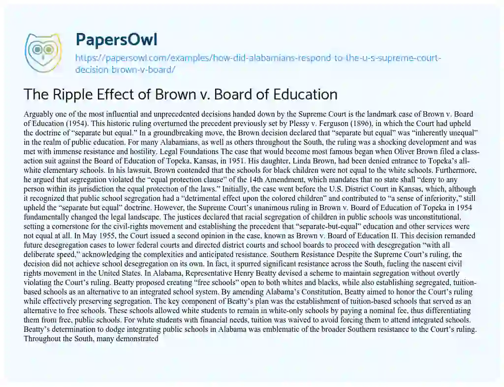 Essay on How did Alabamians Respond to the U.S. Supreme Court Decision Brown V. Board?