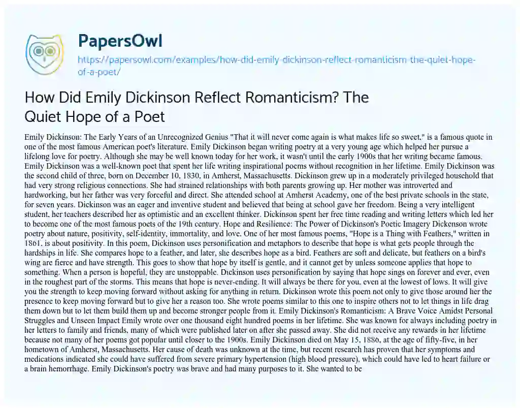 Essay on How did Emily Dickinson Reflect Romanticism? the Quiet Hope of a Poet