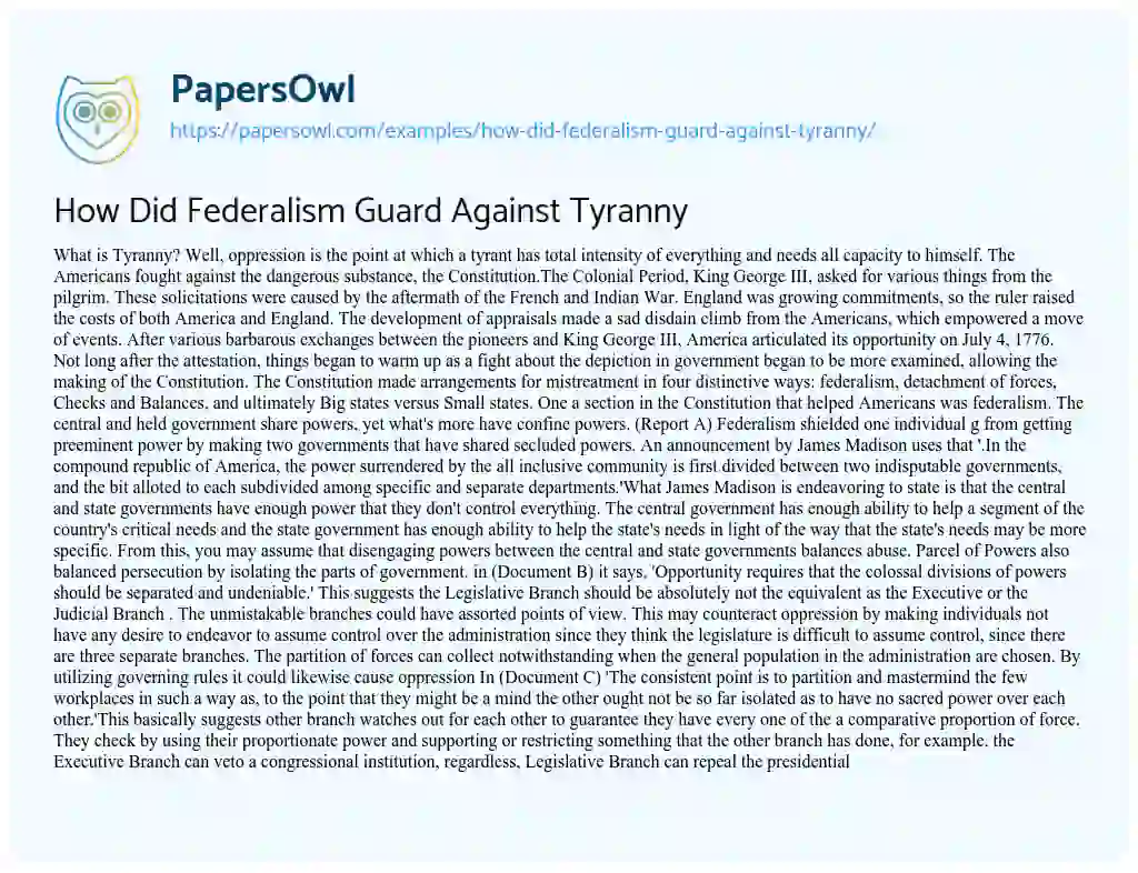 Essay on How did Federalism Guard against Tyranny