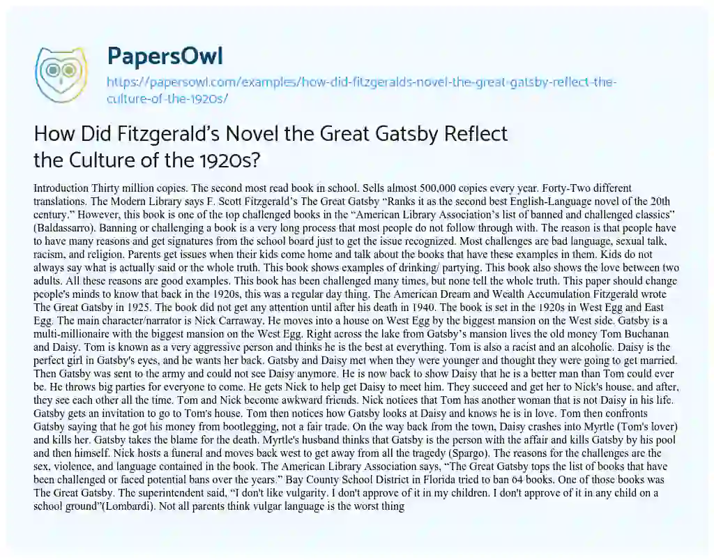 Essay on How did Fitzgerald’s Novel the Great Gatsby Reflect the Culture of the 1920s?