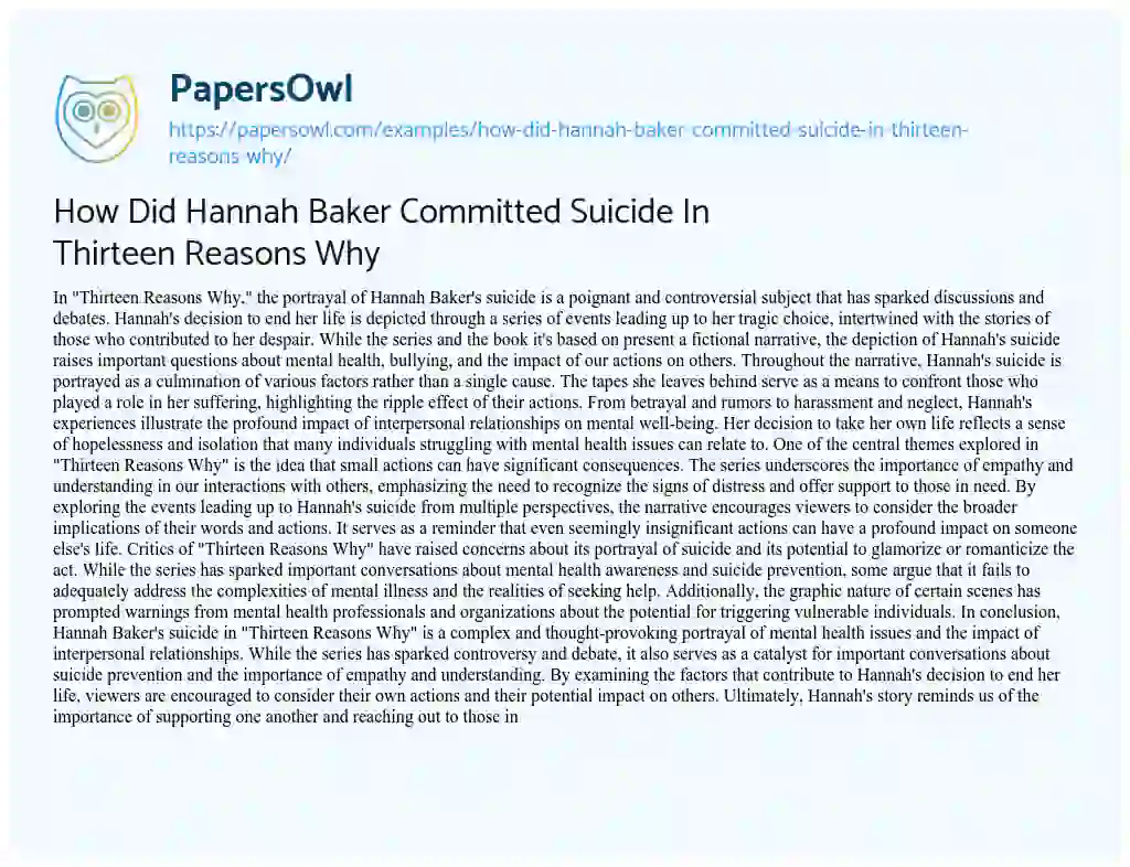 Essay on How did Hannah Baker Committed Suicide in Thirteen Reasons why