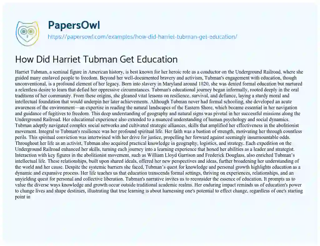 Essay on How did Harriet Tubman Get Education