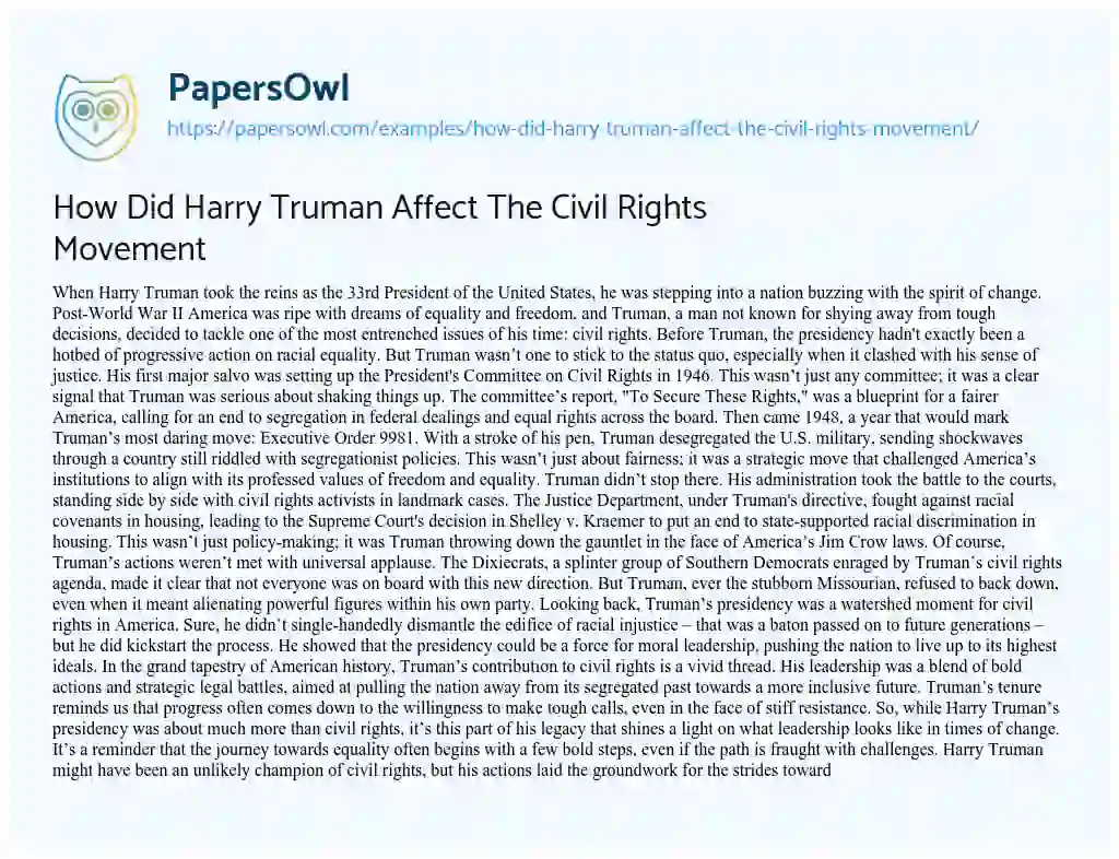 Essay on How did Harry Truman Affect the Civil Rights Movement