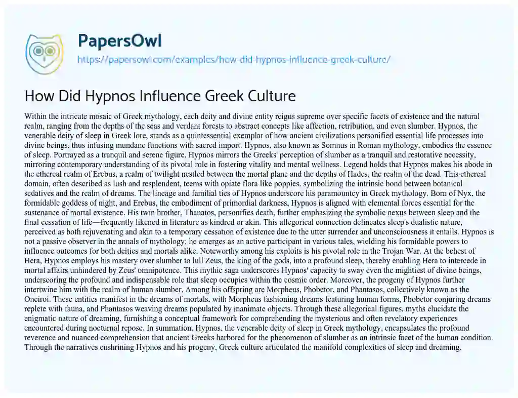Essay on How did Hypnos Influence Greek Culture