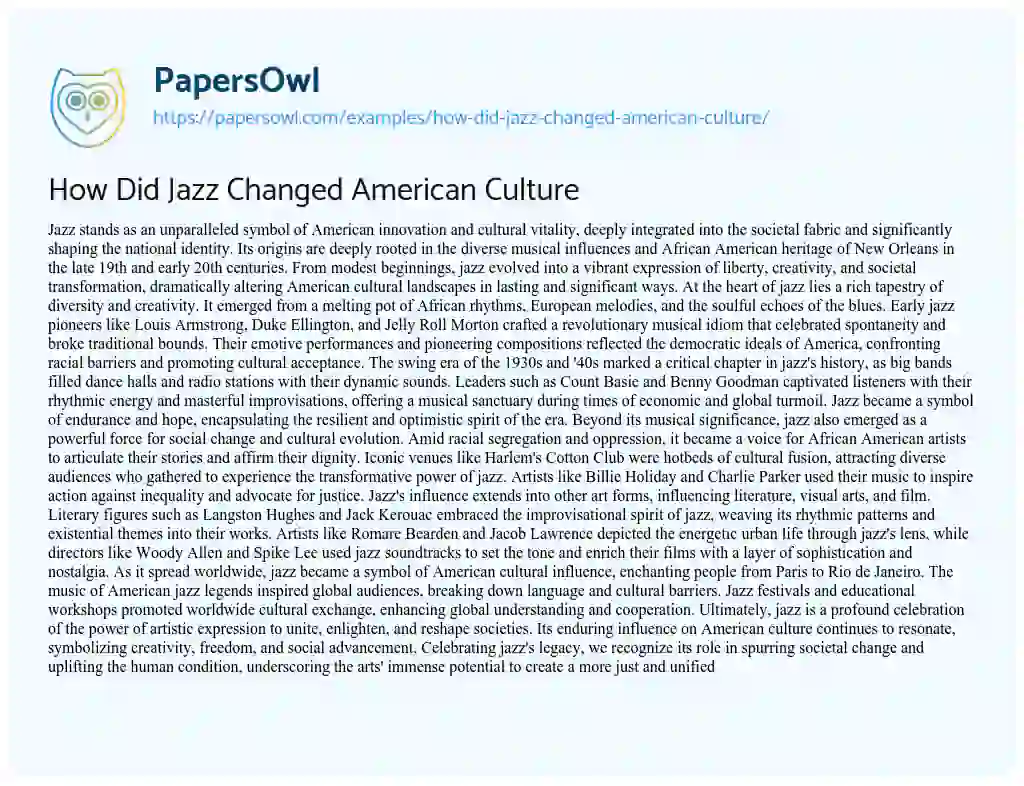 Essay on How did Jazz Changed American Culture
