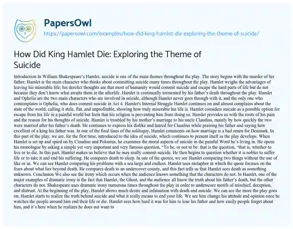 Essay on How did King Hamlet Die: Exploring the Theme of Suicide
