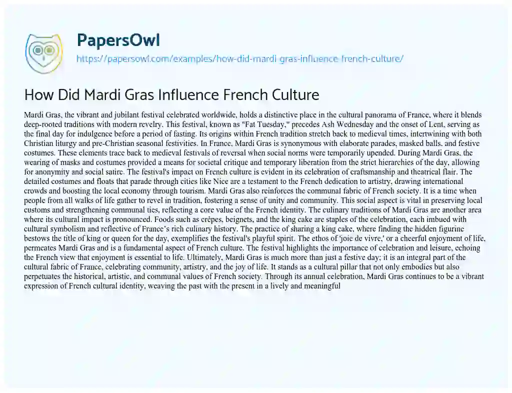 Essay on How did Mardi Gras Influence French Culture