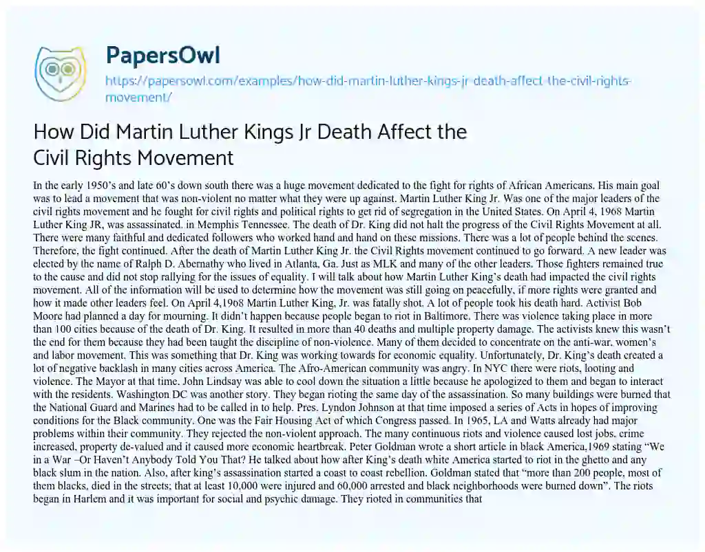 How did Martin Luther Kings Jr Death Affect the Civil Rights Movement essay