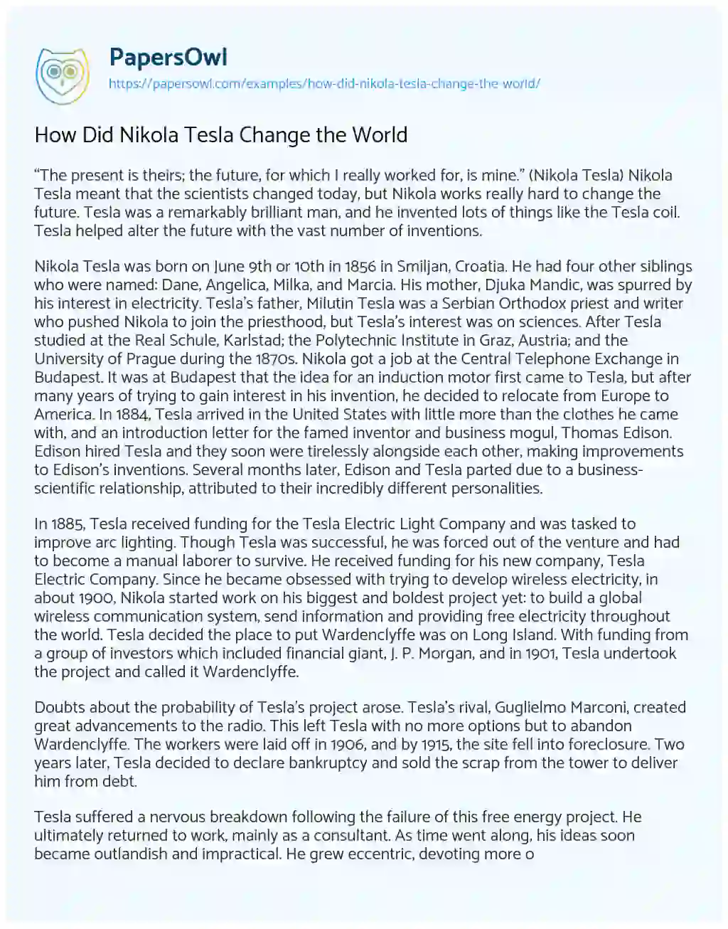 How did Nikola Tesla Change the World essay