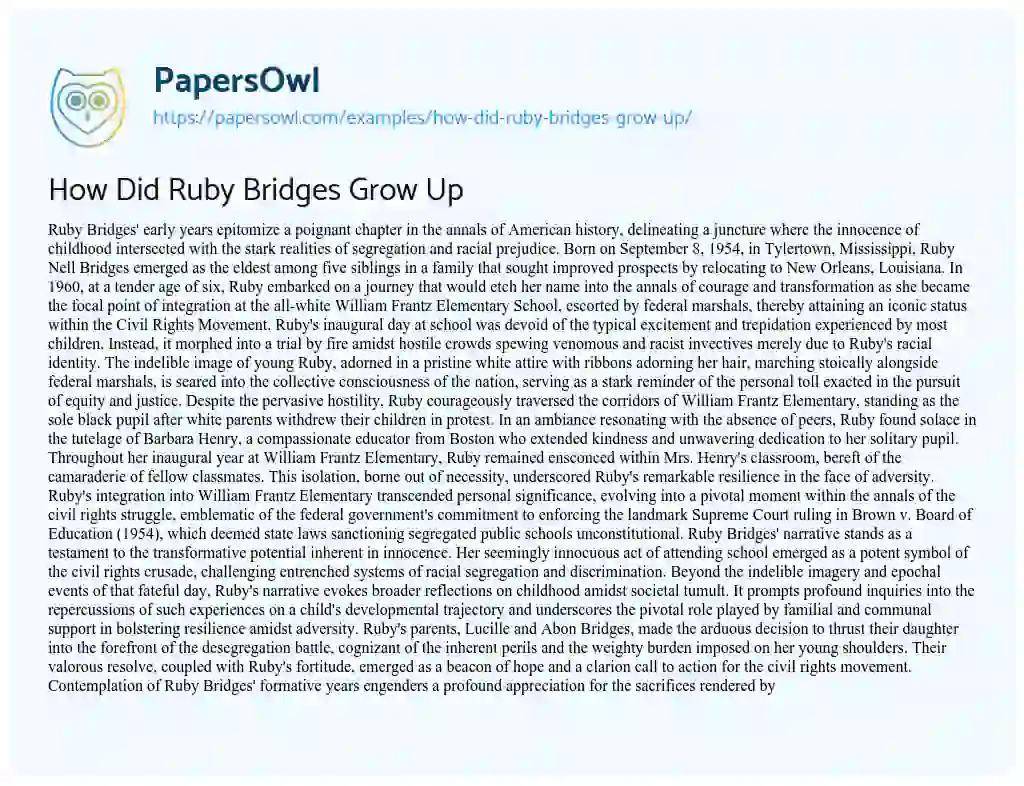 Essay on How did Ruby Bridges Grow up