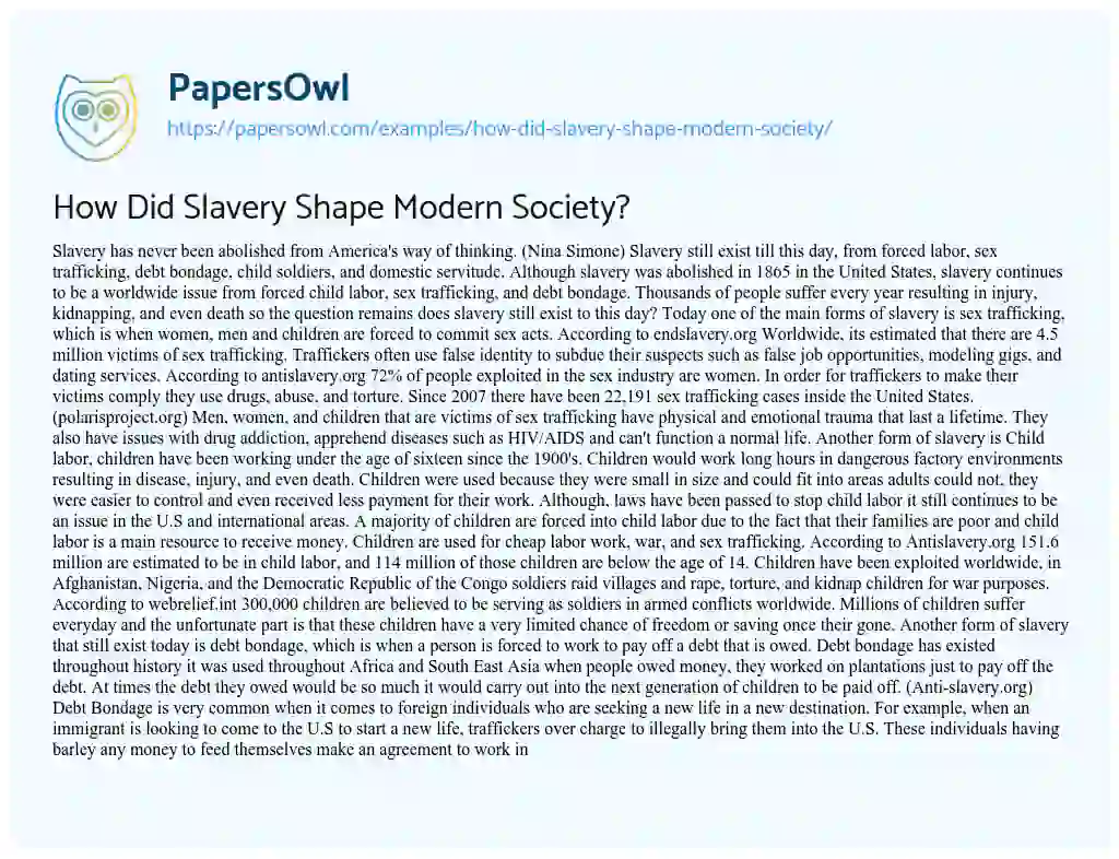 How did Slavery Shape Modern Society? essay