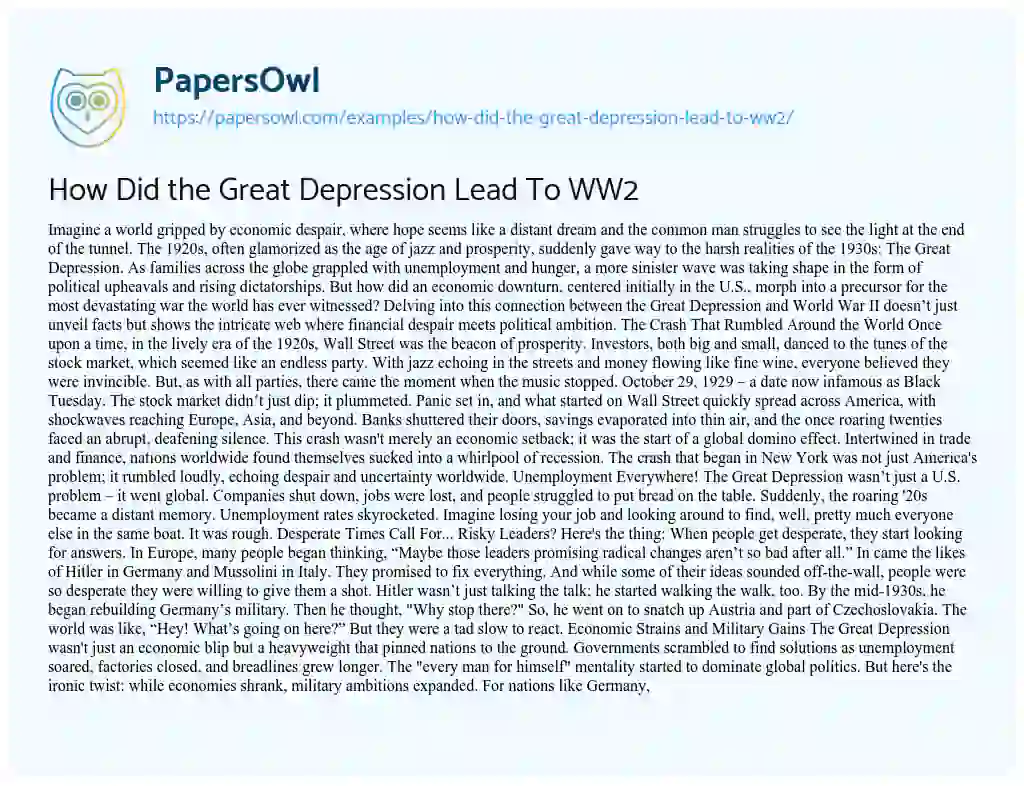 Essay on How did the Great Depression Lead to WW2