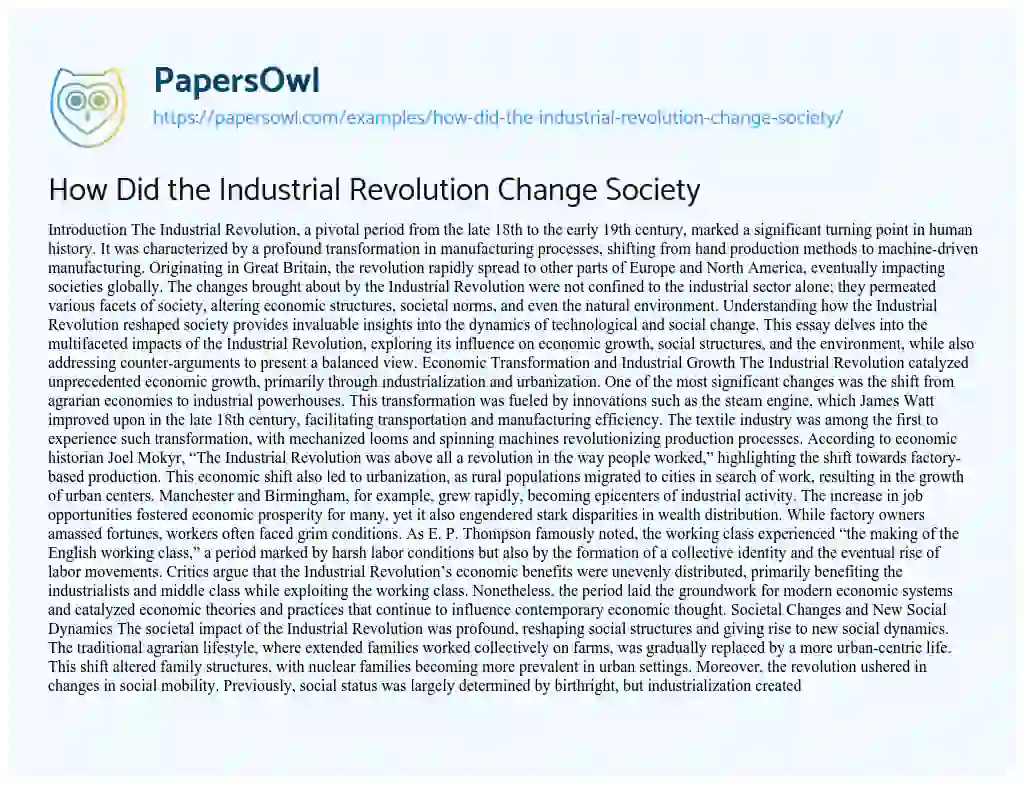 Essay on How Did the Industrial Revolution Change Society