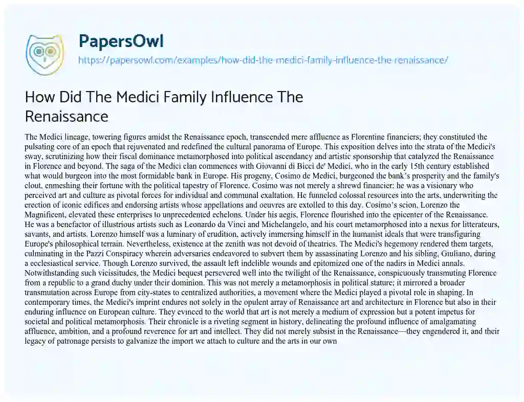 Essay on How did the Medici Family Influence the Renaissance