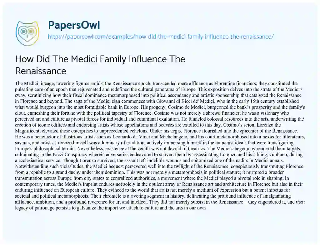 Essay on How Did The Medici Family Influence The Renaissance