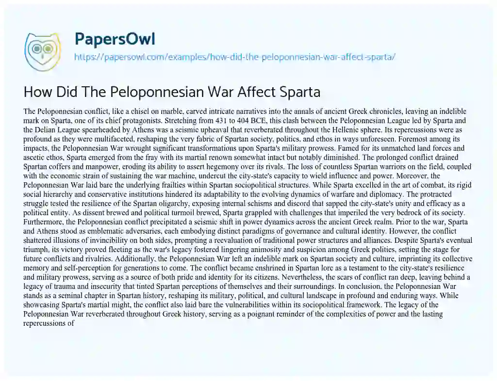 Essay on How did the Peloponnesian War Affect Sparta