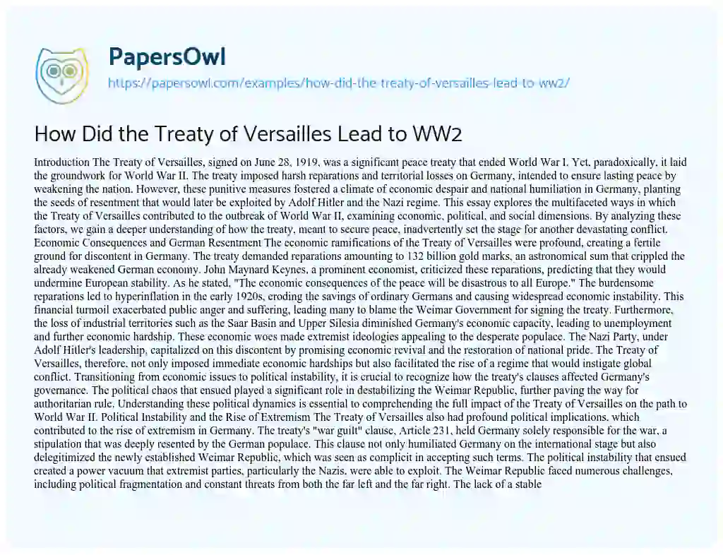 Essay on How Did the Treaty of Versailles Lead to WW2