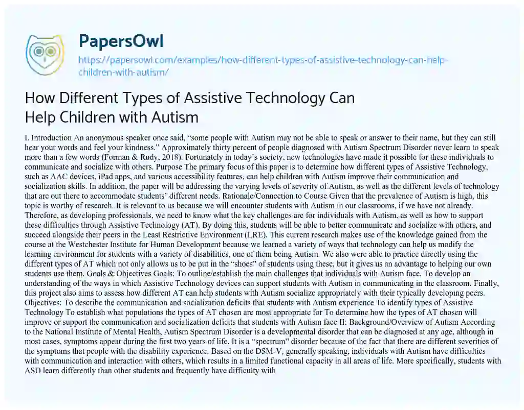 Essay on How Different Types of Assistive Technology Can Help Children with Autism