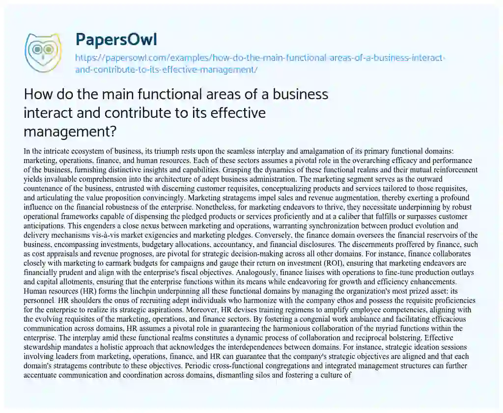 Essay on How do the Main Functional Areas of a Business Interact and Contribute to its Effective Management?