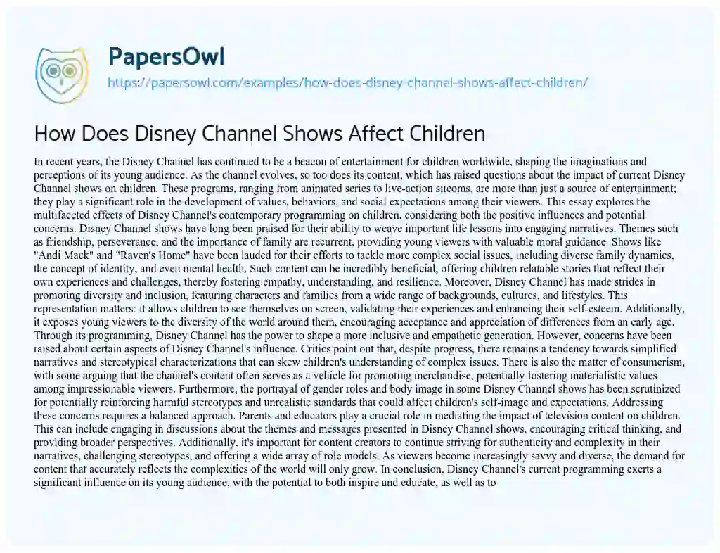 Essay on How does Disney Channel Shows Affect Children