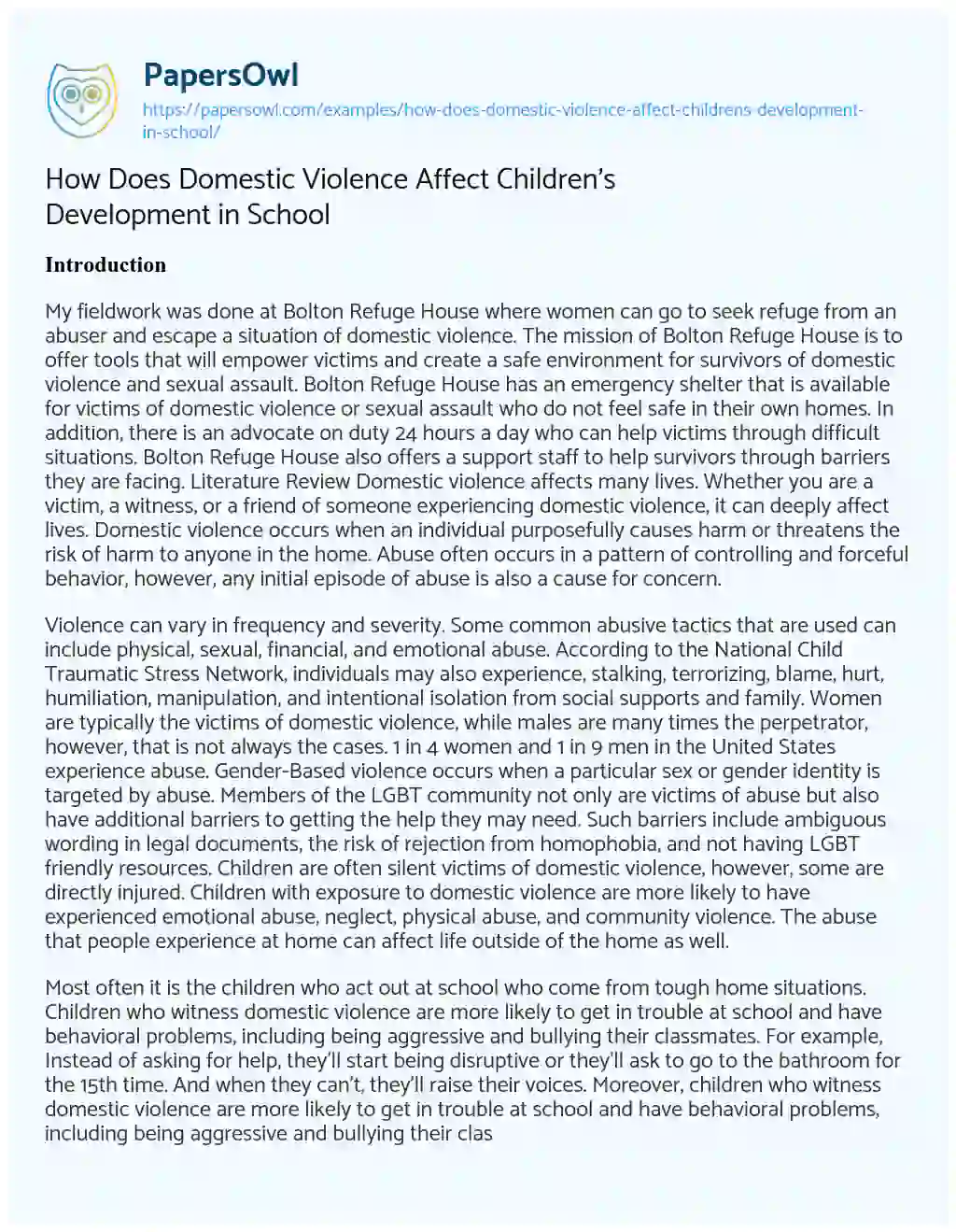 Essay on How does Domestic Violence Affect Children’s Development in School
