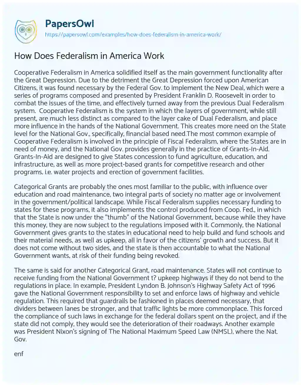 Essay on How does Federalism in America Work