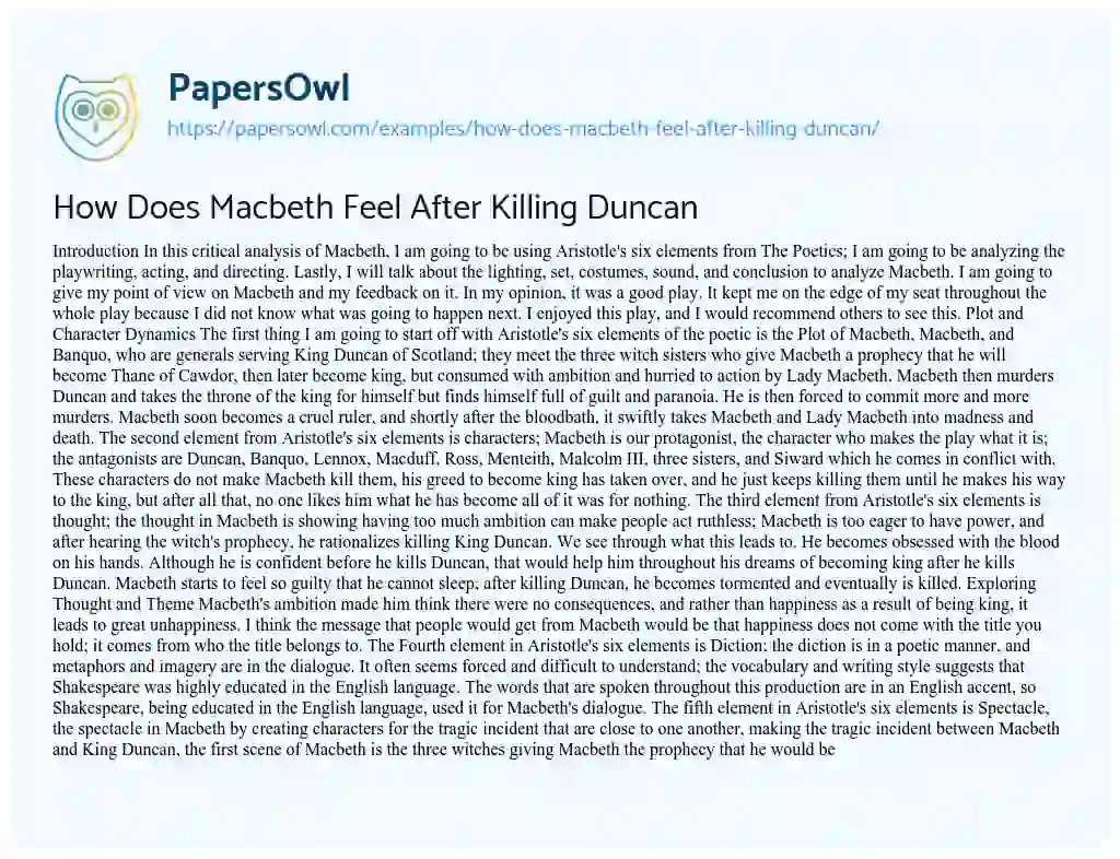 Essay on How does Macbeth Feel after Killing Duncan