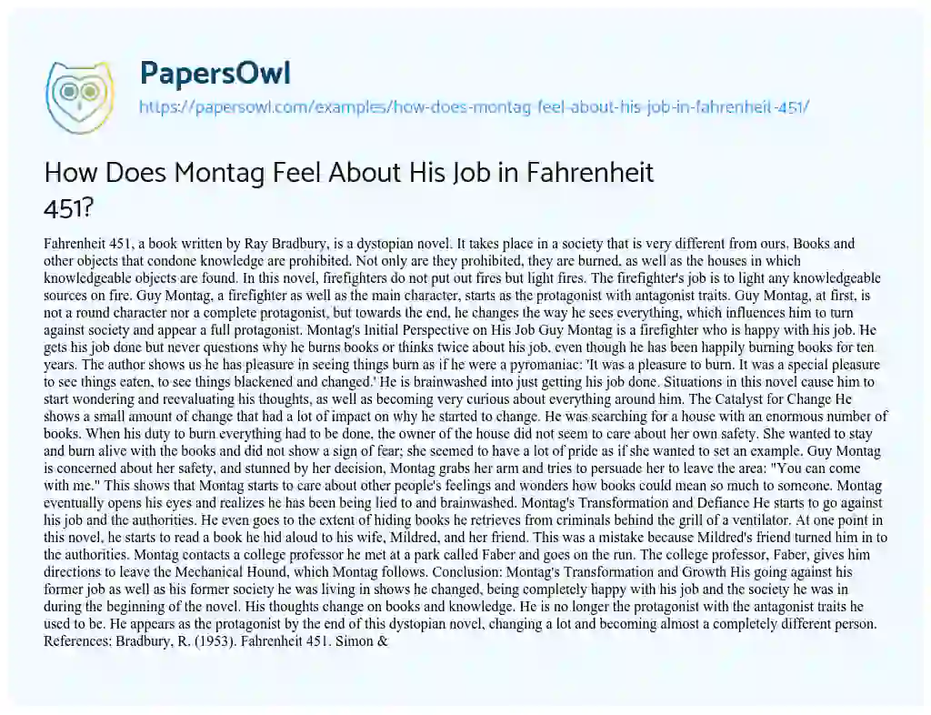 Essay on How does Montag Feel about his Job in Fahrenheit 451?