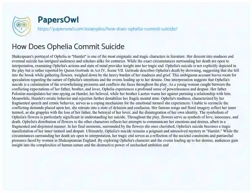 Essay on How does Ophelia Commit Suicide