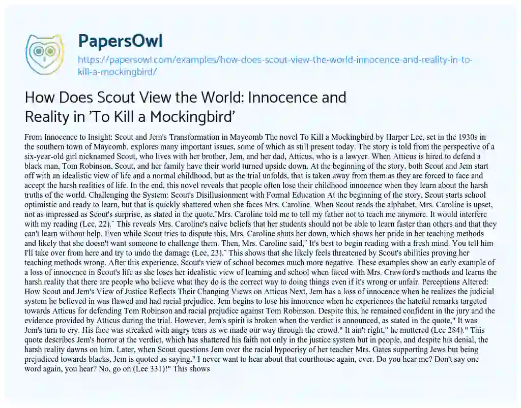 Essay on How does Scout View the World: Innocence and Reality in ‘To Kill a Mockingbird’