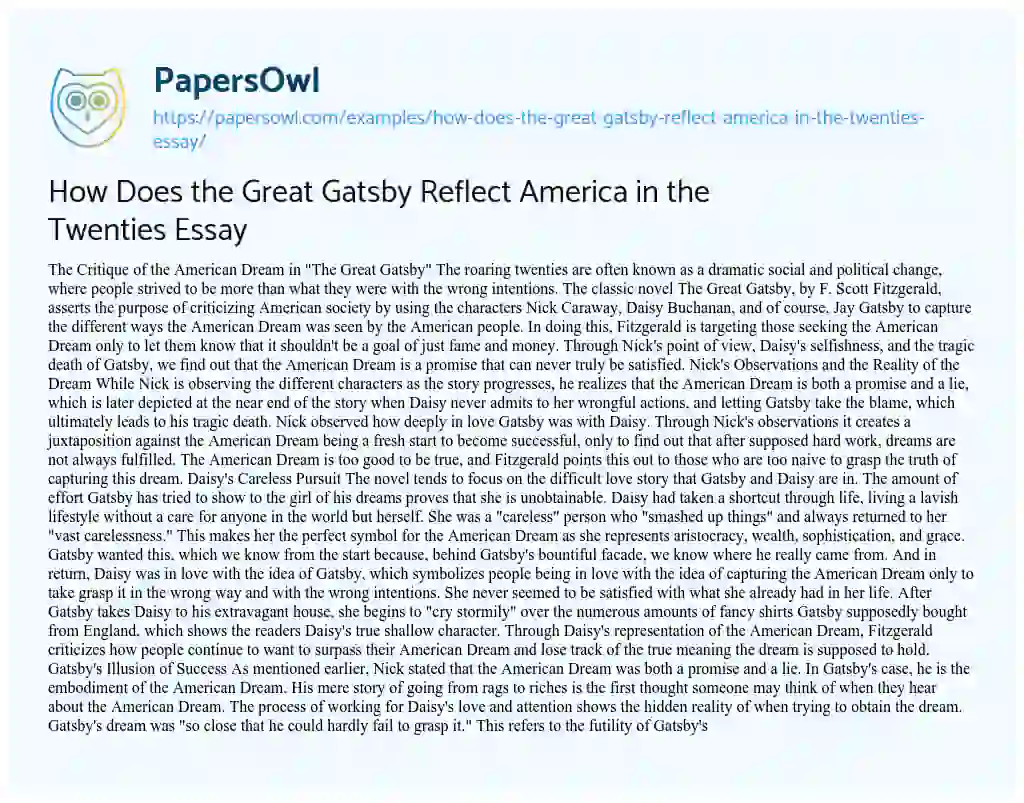 Essay on How does the Great Gatsby Reflect America in the Twenties Essay
