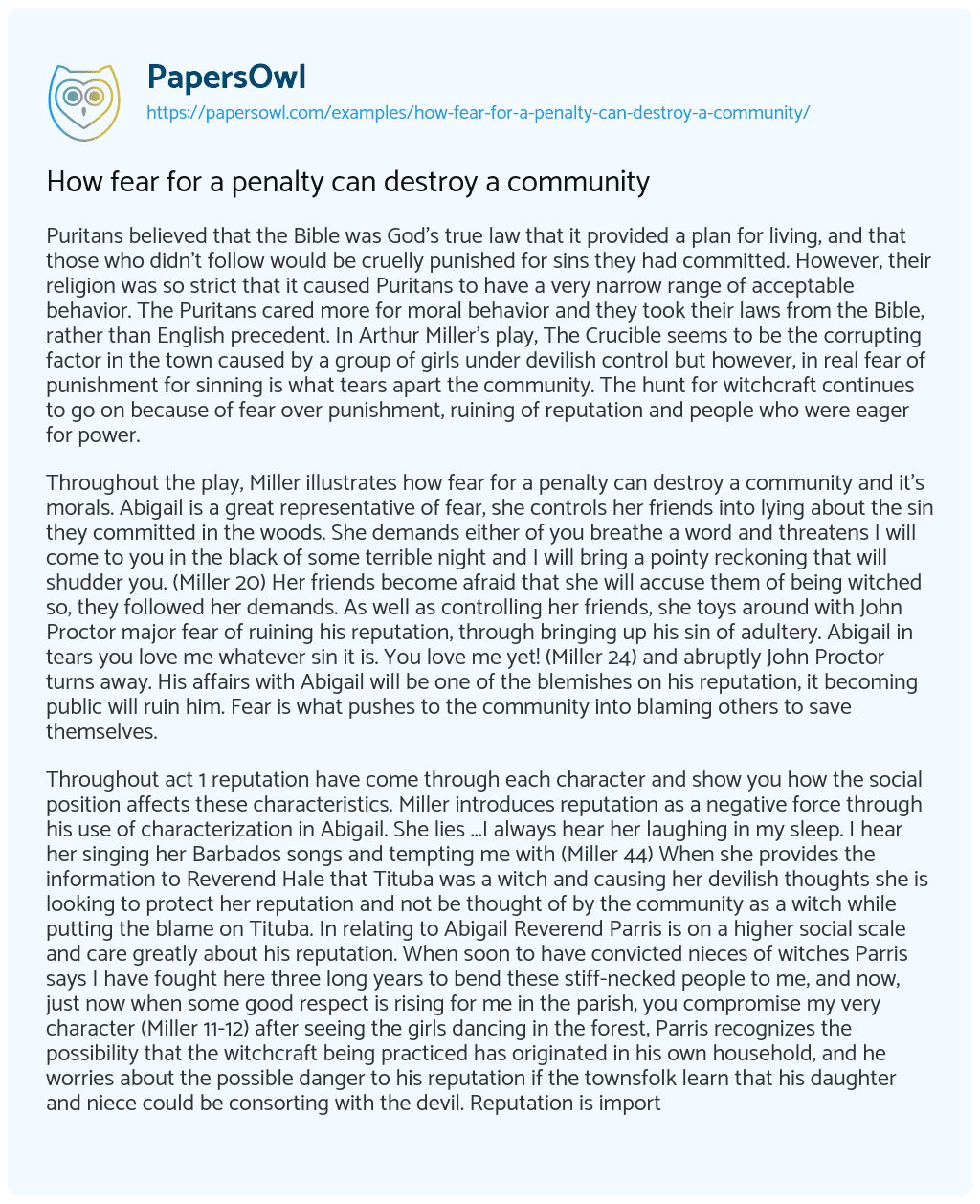 Essay on How Fear for a Penalty Can Destroy a Community