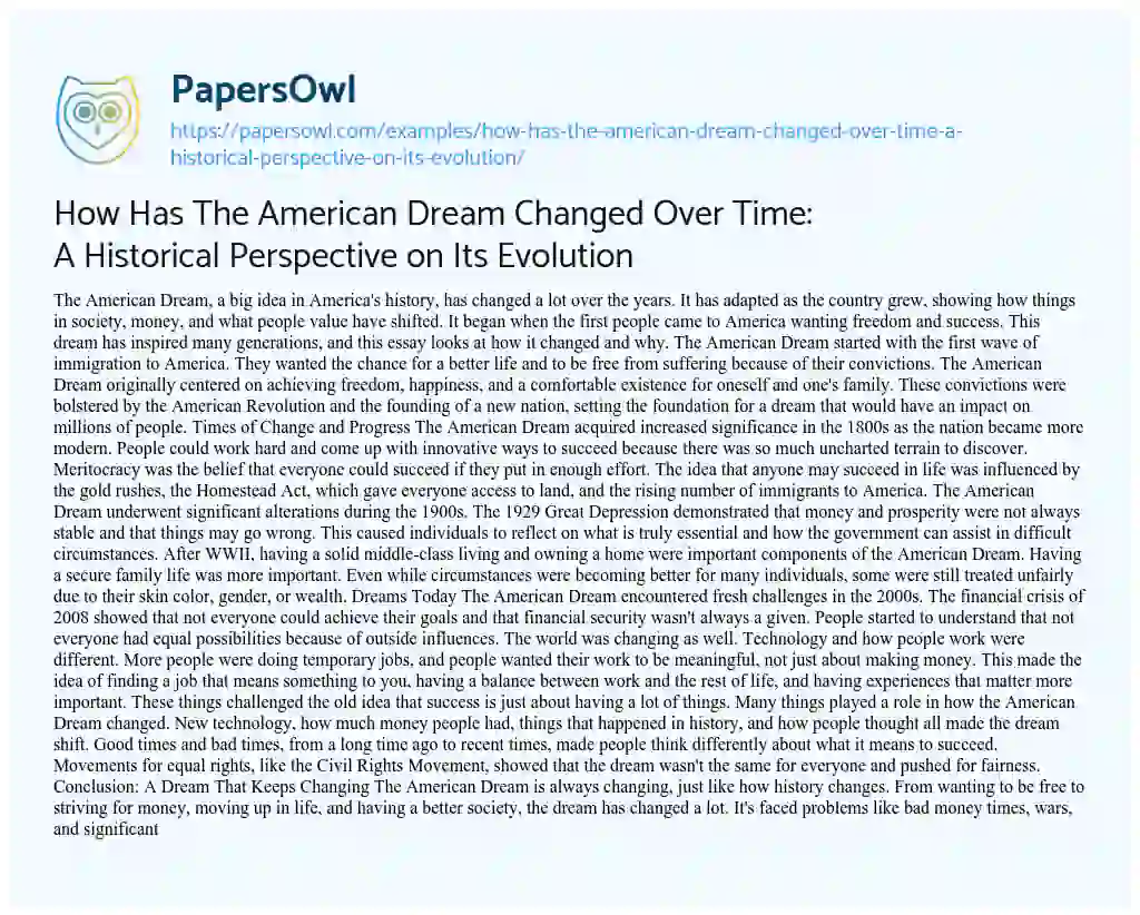 Essay on How has the American Dream Changed over Time: a Historical Perspective on its Evolution