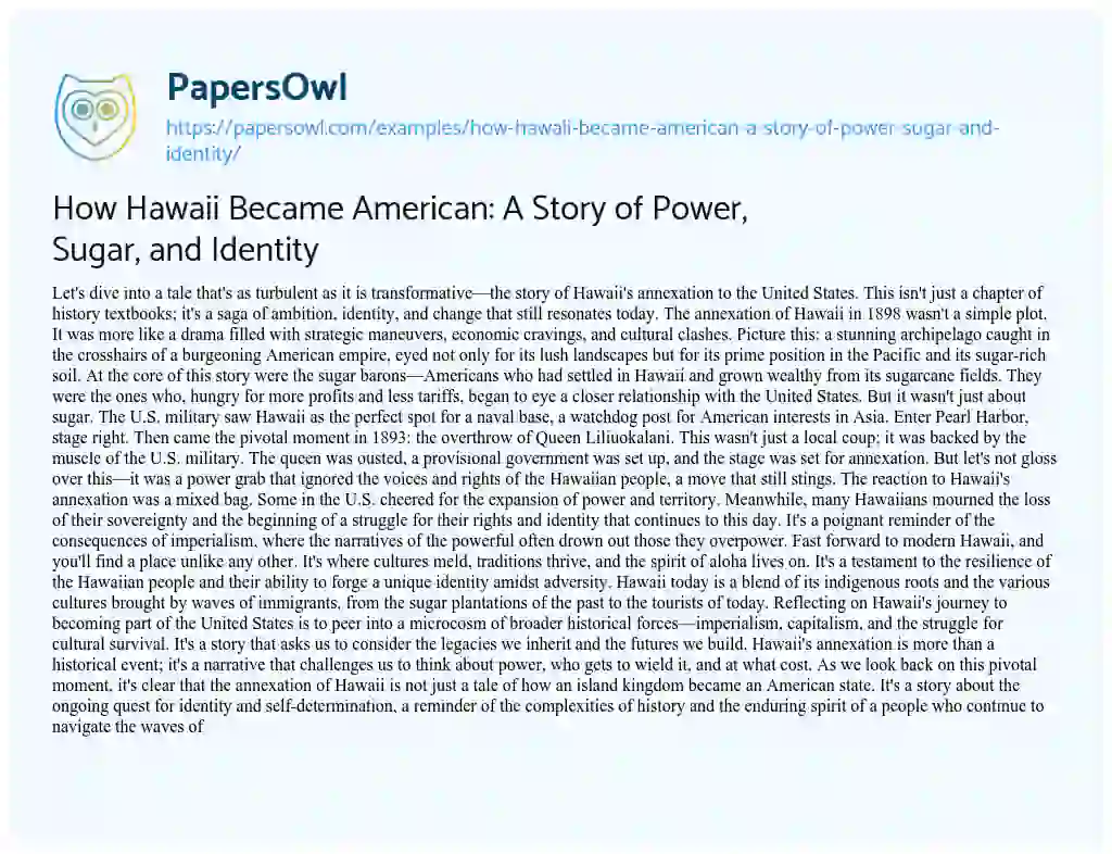 Essay on How Hawaii Became American: a Story of Power, Sugar, and Identity
