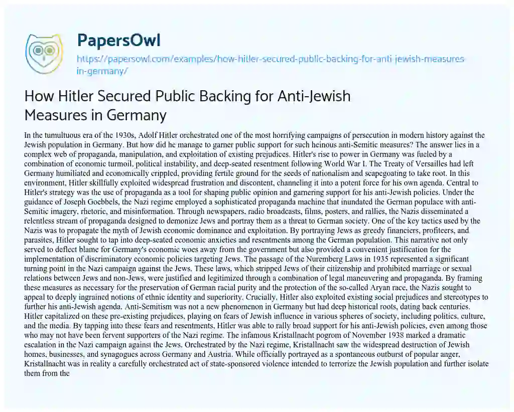 Essay on How Hitler Secured Public Backing for Anti-Jewish Measures in Germany